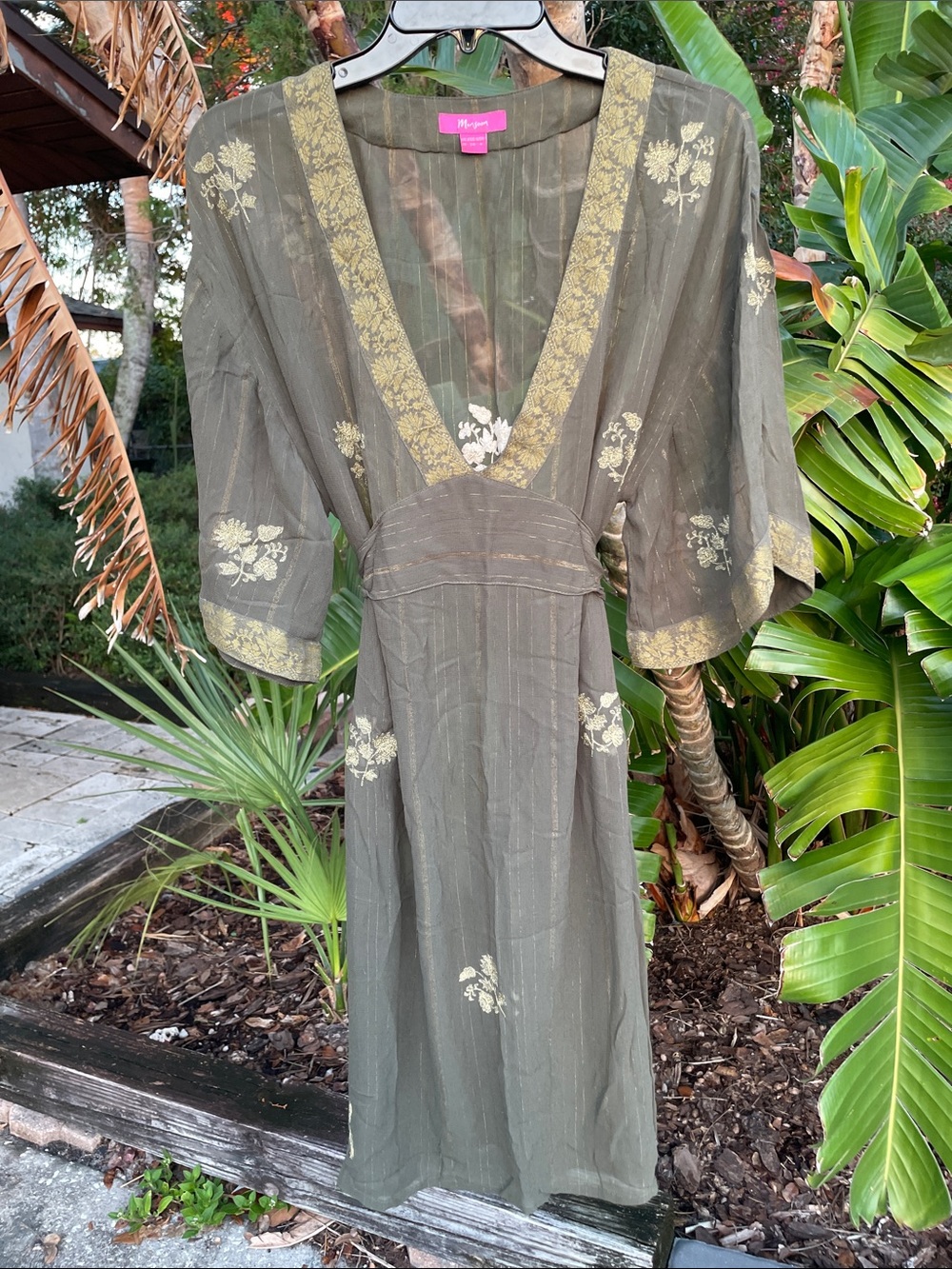 Bohemian gold, brocade, embroidered sheer dress with kimono sleeves